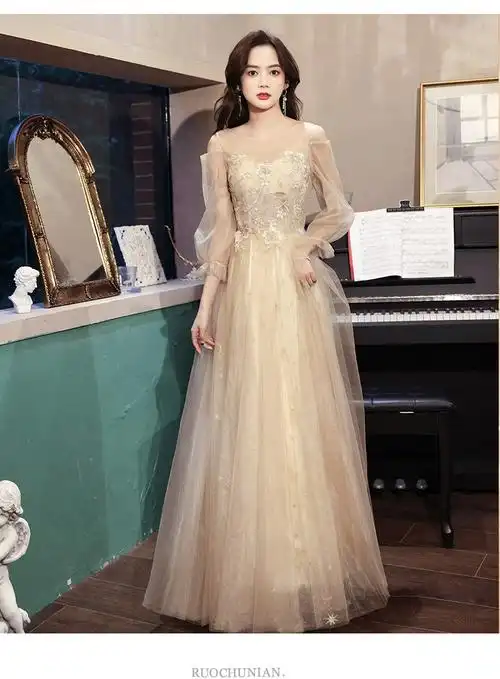 新款时尚女装艺考宴会小晚礼服裙女秋季气质香槟色伴娘服订婚敬酒长袖