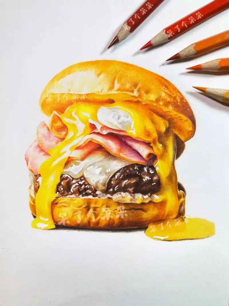 彩铅|流心汉堡(步骤图) 这应该妥妥的热量炸弹吧一口爆浆 每次录视频