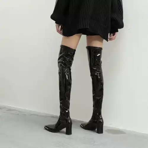 巨显瘦 肯豆欧美漆皮长靴女秋冬过膝靴弹力高跟加绒超长大腿靴60 - 备