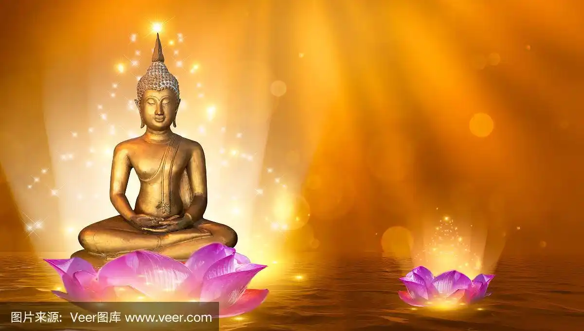佛像水莲花佛站在莲花上在橙色的背景