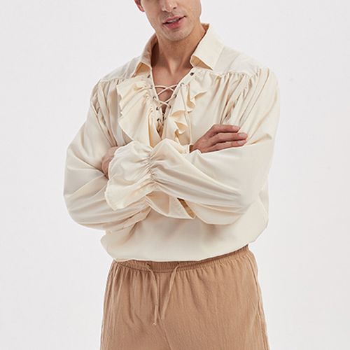 欧洲中世纪文艺复兴蓬蓬袖翻领绑带衬衫宽松王子扮演话剧服亚马逊