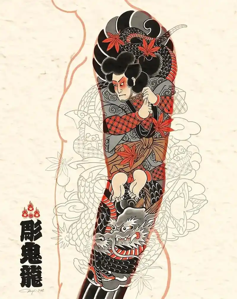 老传统云龙九郎云雾枫叶花臂纹身手稿! #日式老传统 #纹身手 - 抖音
