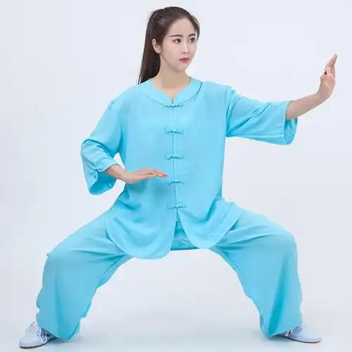 夏季新款圆领太极服女中国风中老年棉麻短袖七分袖武术练功晨练服