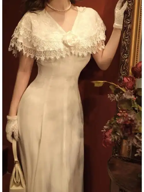 民国月光白秀珠蕾丝艺术vintage古董裙