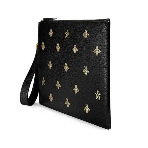 海外直邮gucci古驰男包牛皮蜜蜂星星印花黑色男士手拿包情侣款495066