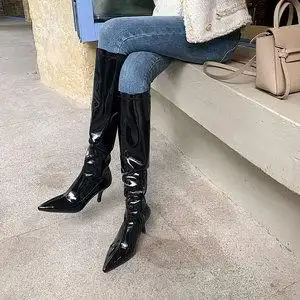 黑色亮皮性感高跟过膝靴女显瘦细跟长筒靴子