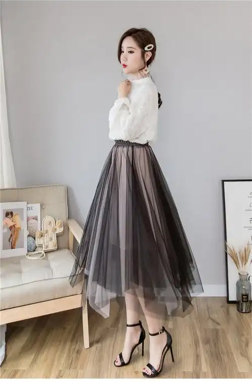 纱纱裙春夏超仙的撞色中长款a字蓬蓬半身裙纱纱裙森系ins网纱裙灰粉色