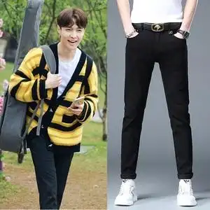 明星张艺兴同款牛仔裤男黑色潮牌修身小脚裤男欧美网红时尚长裤子