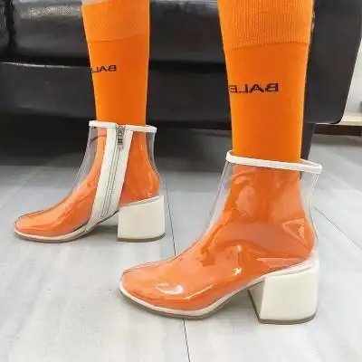 夏季新品透明靴子女广场跳舞鞋防水高跟鞋拉链短靴粗跟短筒凉踝靴