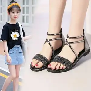 夏季网红同款女童凉鞋5-7-9-13岁大童中小学生露趾软底儿童罗马鞋