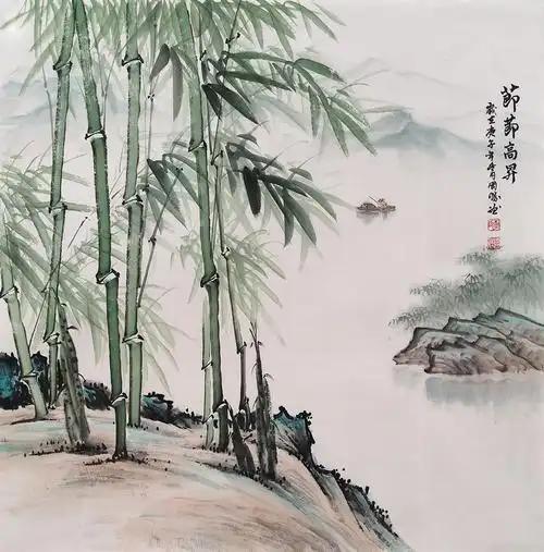 2021开运竹 李国胜青绿小品竹子画《节节高升》