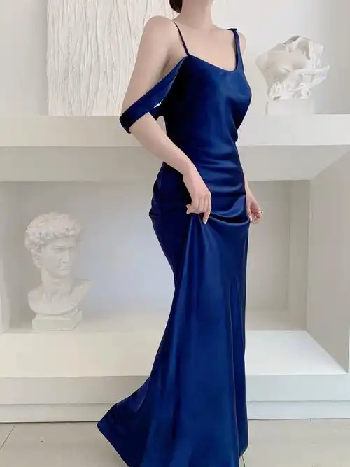 moony love蓝色轻礼服女新娘醋酸鱼尾婚礼晨袍温柔优雅露背敬酒服 -