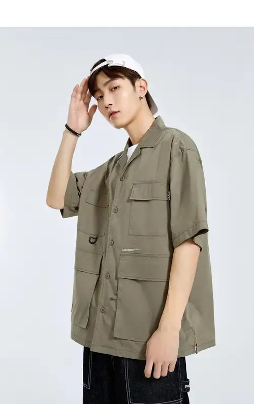 太平鸟男装2022夏季新款工装衬衫四口袋古巴领休闲时尚潮流男黄色大阔