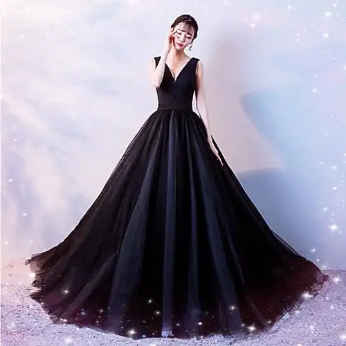 2020新款黑色宴会晚礼服修身露背拖尾瘦长主持人礼服