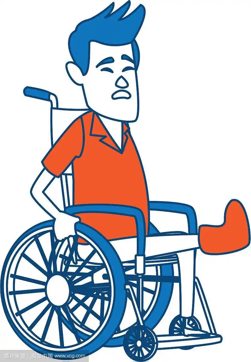 卡通人物坐在轮椅上,腿骨折