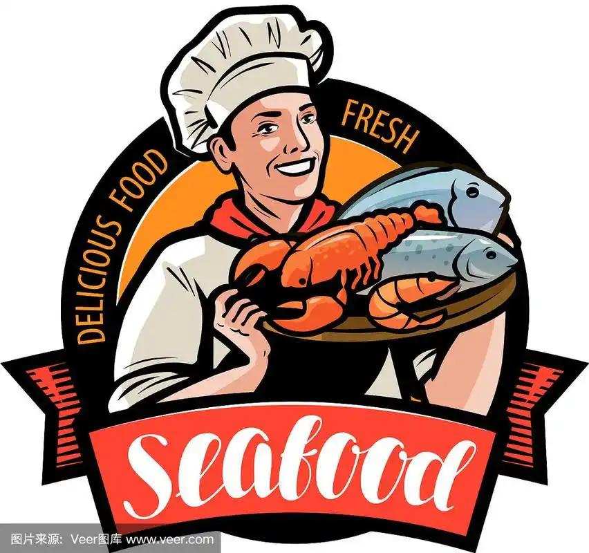 海鲜标志或标签快乐厨师拿着一个托盘