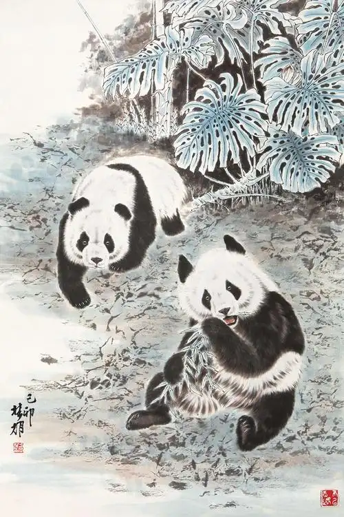 0197熊猫立轴纸本