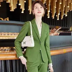 绿色西装套装女春秋时尚气质女神范职业主持人面试正装西服工作服