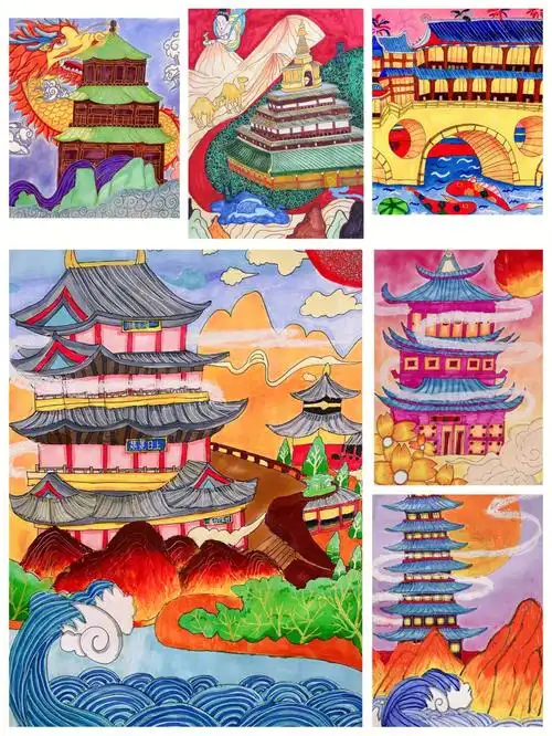 少儿美术儿童画我爱我国古建筑学生作品