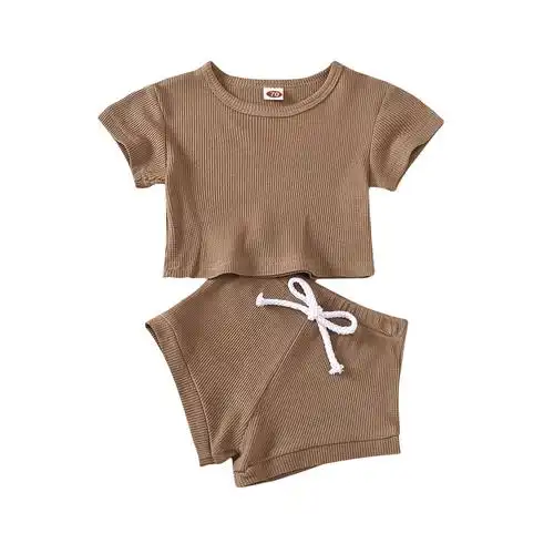 儿童男孩女孩宽松超大上衣抽绳宽松短裤套装幼儿棉华夫格婴儿衣服套装