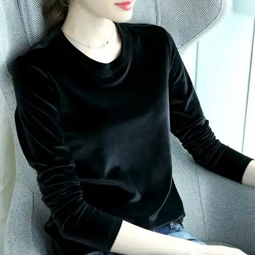 韩版_金丝绒打底衫女秋冬新款v领小衫韩版圆领女士内搭上衣黑色长袖