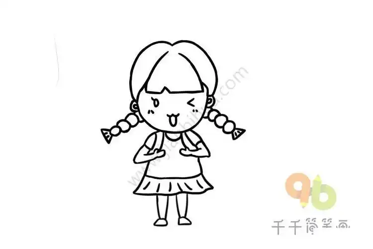 扎着麻花辫调皮的女孩简笔画