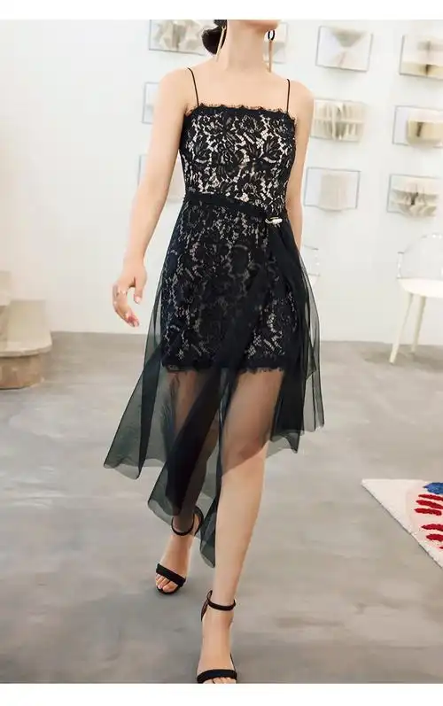 泰国潮牌晚宴主持性感礼服名媛两穿蕾丝-镂空吊带抹胸连衣裙66022