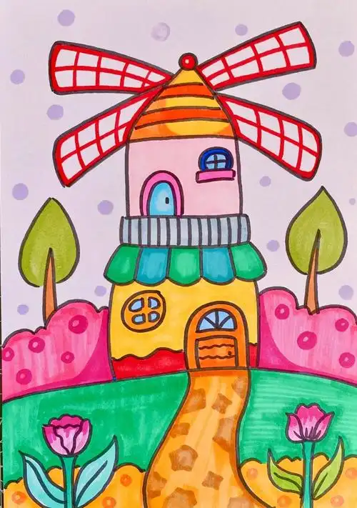 风车房子儿童创意画房子儿童画