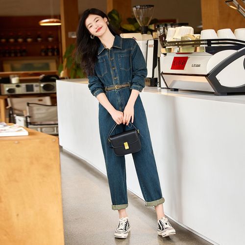 【配腰带翻领单排扣牛仔衣连体裤】春秋季时尚气质牛仔裤女