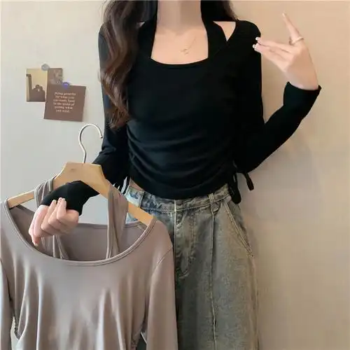 实拍#新款设计感挂脖圆领修身显瘦上衣女收紧绳打底衫