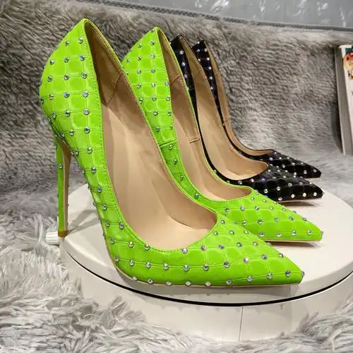 浅绿色高跟鞋女2022年新款细跟尖头婚鞋水晶亮片水钻单跟鞋12cm