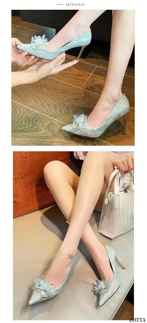 佐特亚银色高跟鞋女尖头细跟水晶鞋大码41-43码蝴蝶结水钻婚鞋仙女风