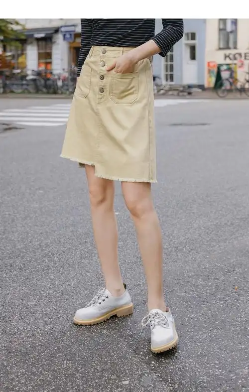 茵曼半身裙2020春装新款文艺高腰不规则毛边拼接显瘦个性短裙女