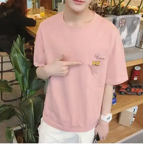 中学生t恤男生韩版潮流粉色宽松百搭学生春夏内搭刺绣体恤上衣服粉色s