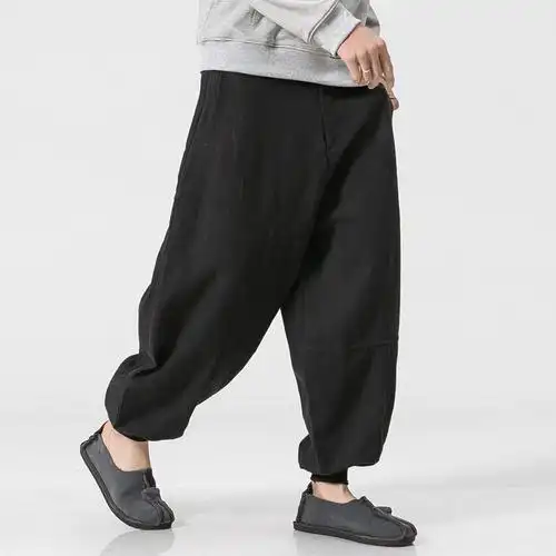 大码亚麻棉麻哈伦裤子男士中国风休闲裤灯笼裤大裆宽松阔腿裤春夏