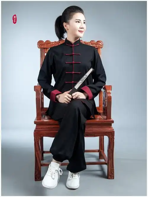 陈英太极服男女中国风春秋冬季黑色棉麻武术表演练功服太极拳服装黑色