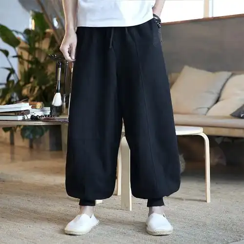夏季中国风男士亚麻裤阔腿灯笼裤大码宽松棉麻休闲裤男束脚哈伦裤