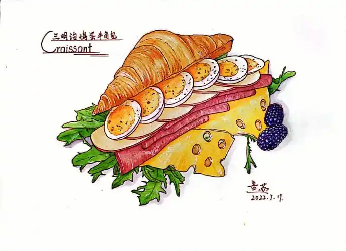 钢笔淡彩手绘美食三明治鸡蛋牛角包