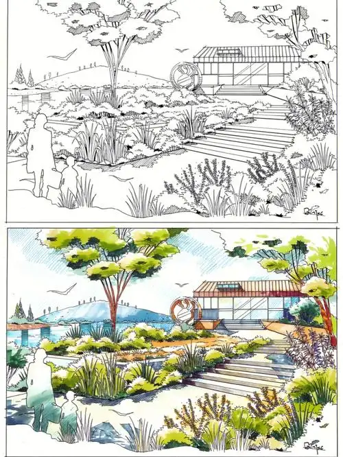 风景园林公园休息区手绘写生