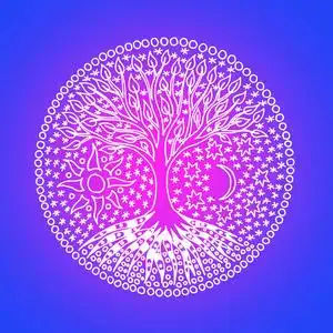 生命之树. 曼达拉. 彩色布鲁斯和紫色的象征图案.