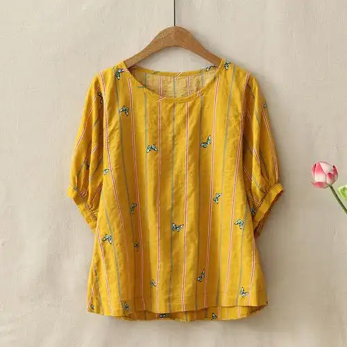 夏装亚麻棉麻t恤女文艺女装刺绣短袖上衣宽松打底衫半袖夏季体恤