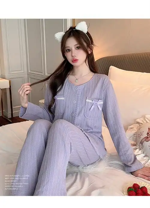 【炘梦】带胸垫春秋长袖睡衣女轻奢小香风蕾丝花边6535棉家居服套装