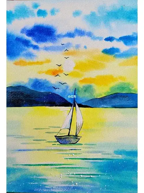 简单水彩风景画落日余晖帆船