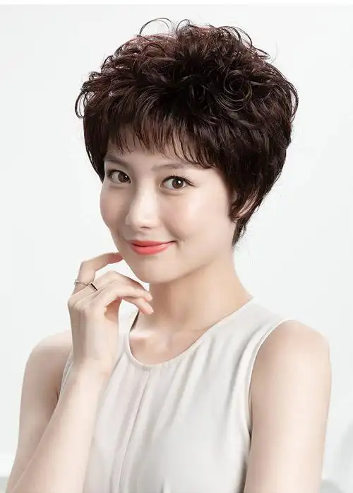 乐泡真发假发女短发卷发轻薄时尚烫小卷发中老年女士真头发假发套自然