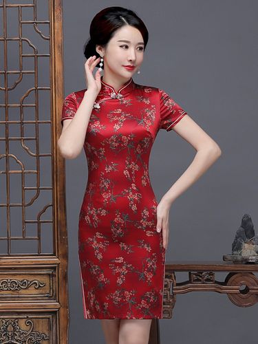 真丝妈妈装短款真丝旗袍连衣裙桑蚕丝短袖修身中式复古旗袍礼服红色l
