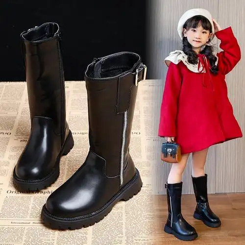 女童马丁靴加棉2021秋冬新款儿童长筒靴小女孩加厚高筒公主时装靴