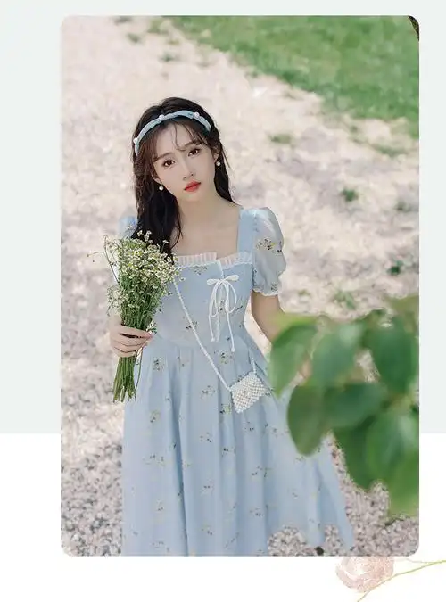 国风新中式方领连衣裙收腰显瘦印花仙气甜美裙子限价 40 - 17网