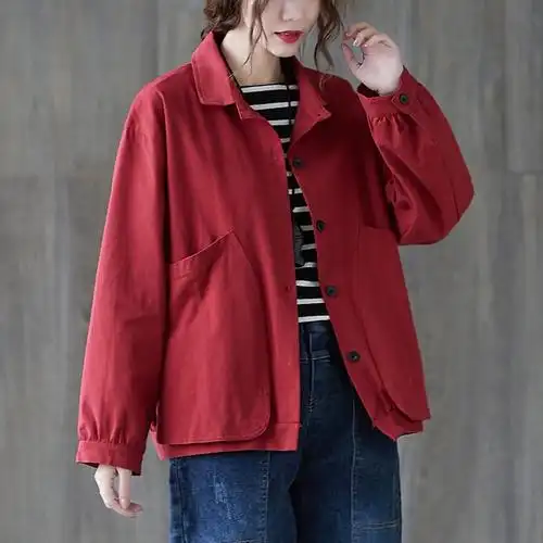 棉质翻领长袖夹克短外套女2020秋季新款文艺纯色开衫休闲宽松上衣