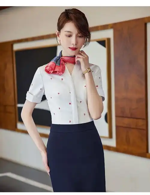 海南航空空姐服装夏季制服职业衬衫女v领印花白色衬衣高铁乘务员酒店