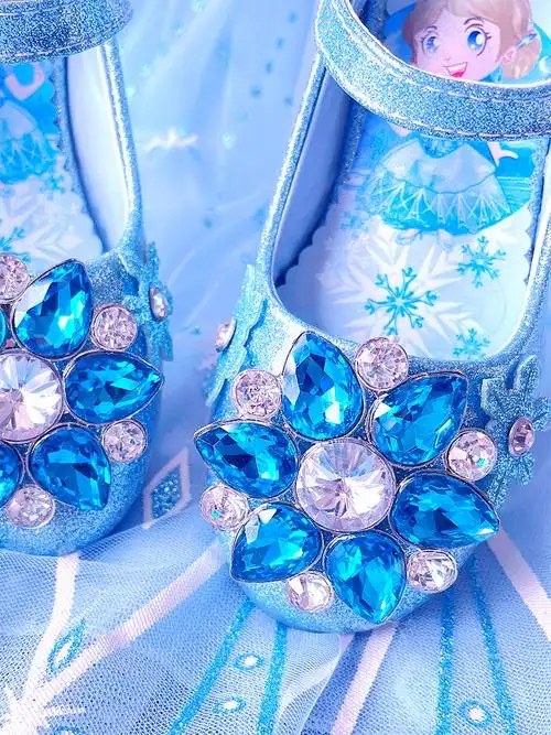 女童高跟鞋 儿童水晶鞋闪亮小女孩软底皮鞋蓝色爱莎公主鞋 蓝色 23
